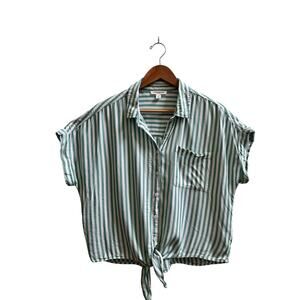 Beach Lunch Lounge Coastal Beach Striped Front Tie Knot Button Up Crop Top Large